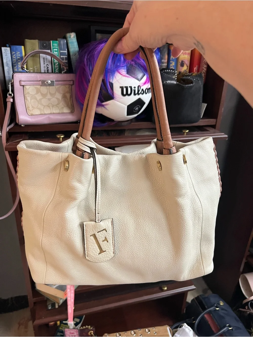 Furla Ivory Whipstitch Leather Tote with Tan Handles